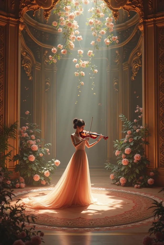 score_9,score_8_up,score_7_up,masterpiece,best quality,perfect anatomy,very aesthetic,official art,8k,shiny_skin,fair_skin,white_skin, Girl 1, Scene, spotlights, Falls on Her, playing-violin, playing violin, darkness, The Hall is Full of Lights from Lighters, sparkles, Beautiful lady, in a Bright Dress with Shimmering Colors, sexy, Charming, Beautiful Long Voluminous Hair, Pleasant Color, Exciting atmosphere, Jewelry on the hands, a small Flower in her Hair, bright colors, masterpiece, Maximum Detail, Highest Level of Detailing, Full-length girl, Breathtaking Picture, muffled light, dynamic shadows, High-resolution wallpapers,