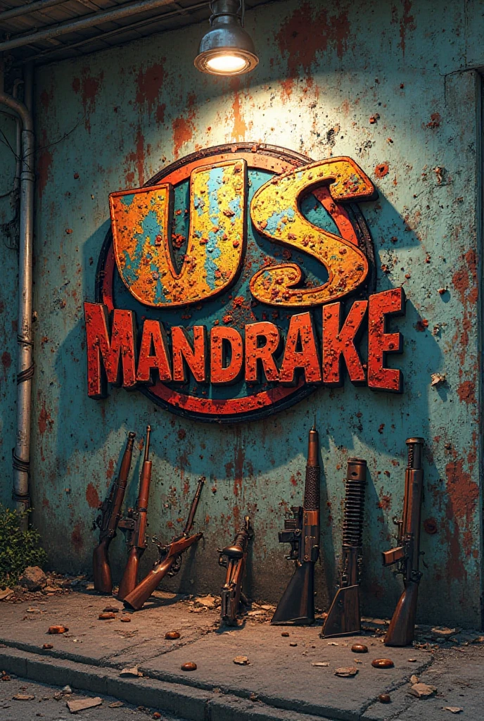 I would like an image with a logo written “Us Mandrake” in a way made in the favela like a fish on the wall and with gunshot marks on the wall, and weapons against the wall near the logo 
