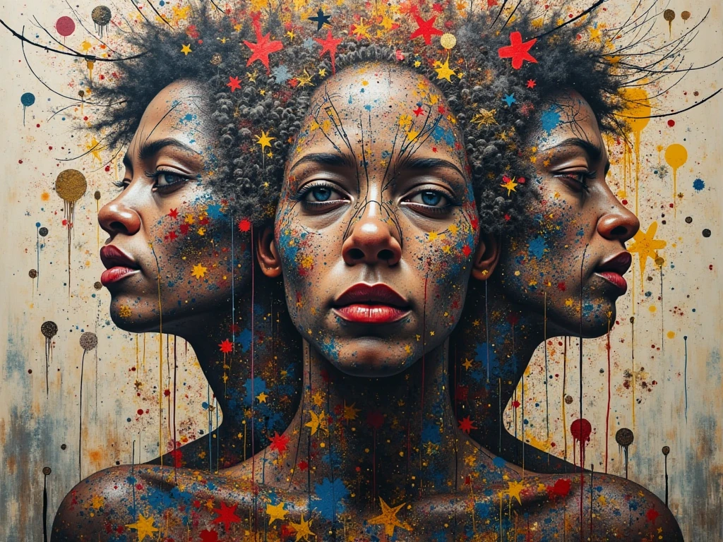 Expressionist artwork images of multiple floating ceramic heads, 3d collage style, make it weird and gallery worthy, ((black woman)), in a turtleneck, portrait, absurdres,highres,ultra detailed,ultra-detailed background,detailed background,extremly detailed,1girl,bunch of flowers,(zentangle:1.2),(geometric:1.2) multi-colored color palette, monochromatic, big , cleavage, sideboob, lingerie, realistic depiction, arms behind back, kaleidoscopic, multidimensional, ethereal glow, captivating uniqueness, surreal juxtapositions, visual symphony, unforgettable visual narrative, edgy, mathematical, simple-shaped vectors, highly modern, stylistic, polygonal abstraction, vector art, bold lines, minimalist color scheme, digital art, abstract geometry