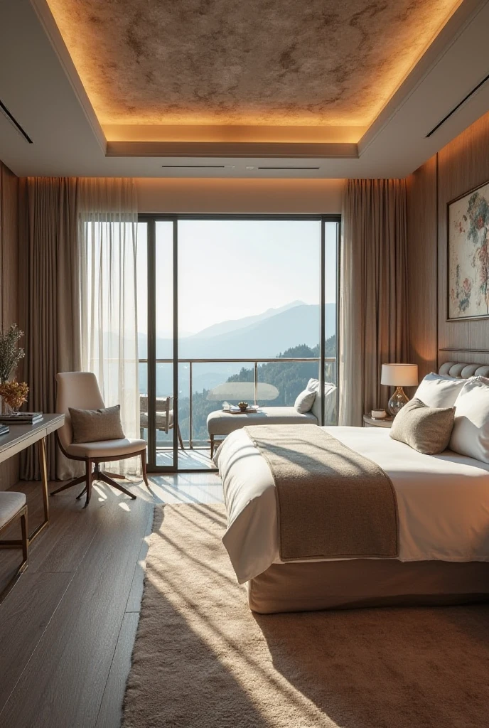 ,Masterpiece, Best quality,8K, 超高分辨率,Reallightandshadow,An ethereal blend of Southeast Asian flair and modern simplicity,Immerse yourself in the emerald ocean。The hanging slim chandelier gives off a soft glow,Bedding is made of pure cotton,Soft as a cloud to the touch。The white background wall complements the wooden furniture,A relaxing resort-like space。Stroll through it,I seemed to have found inner peace and calm。evo,A private paradise away from the hustle and bustle。(中景 the scene is)