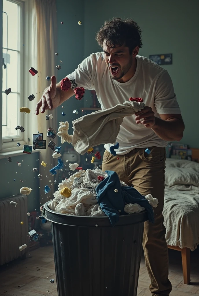 Create an image of a woman throwing clothes in the trash.