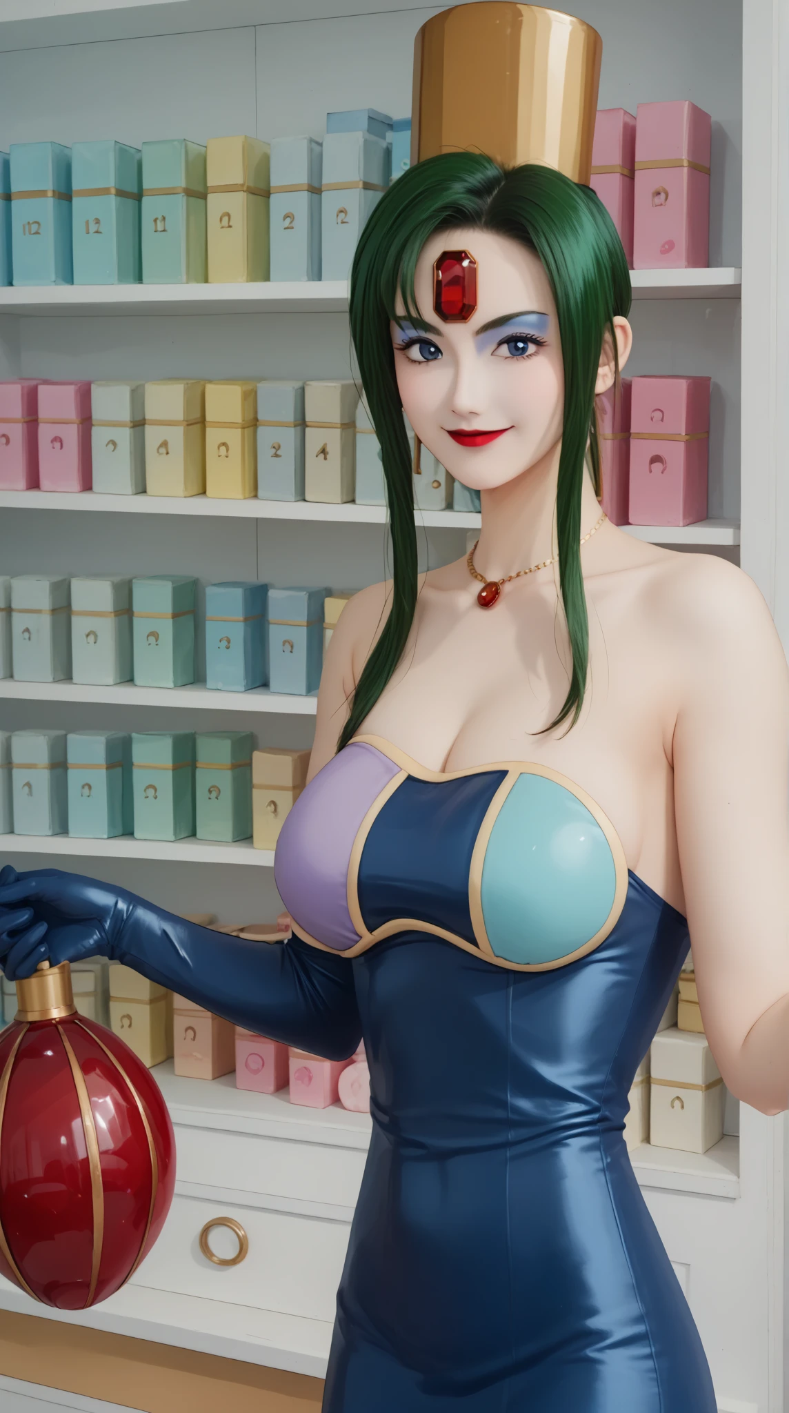 (masterpiece,best quality,ultra-delicate,Perfect Face,16k,high resolution,very beautiful woman), Atsugessho:1.3,  upper body shot,deep green hair,blue latex bodycon dress, long latex gloves, green tights, ((large breasts)), gold headpiece, pale blue skin, red gem on forehead, pink mist, ((cosmetics counter)), holding large red ball on rope, necklace, smirk, (extremely glossy)