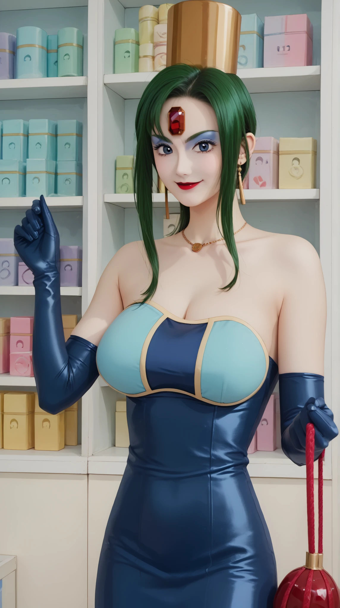 (masterpiece, best quality), 1girl, <lora:hibachi-nvwls-v1:1> msHibachi, hair ornament, armband, japanese clothes, bandeau, sleeveless, black skirt, green gloves, thighhighs, hair ornament, armband, bandeau, cleavage, black skirt, green gloves, thighhighs, midriff