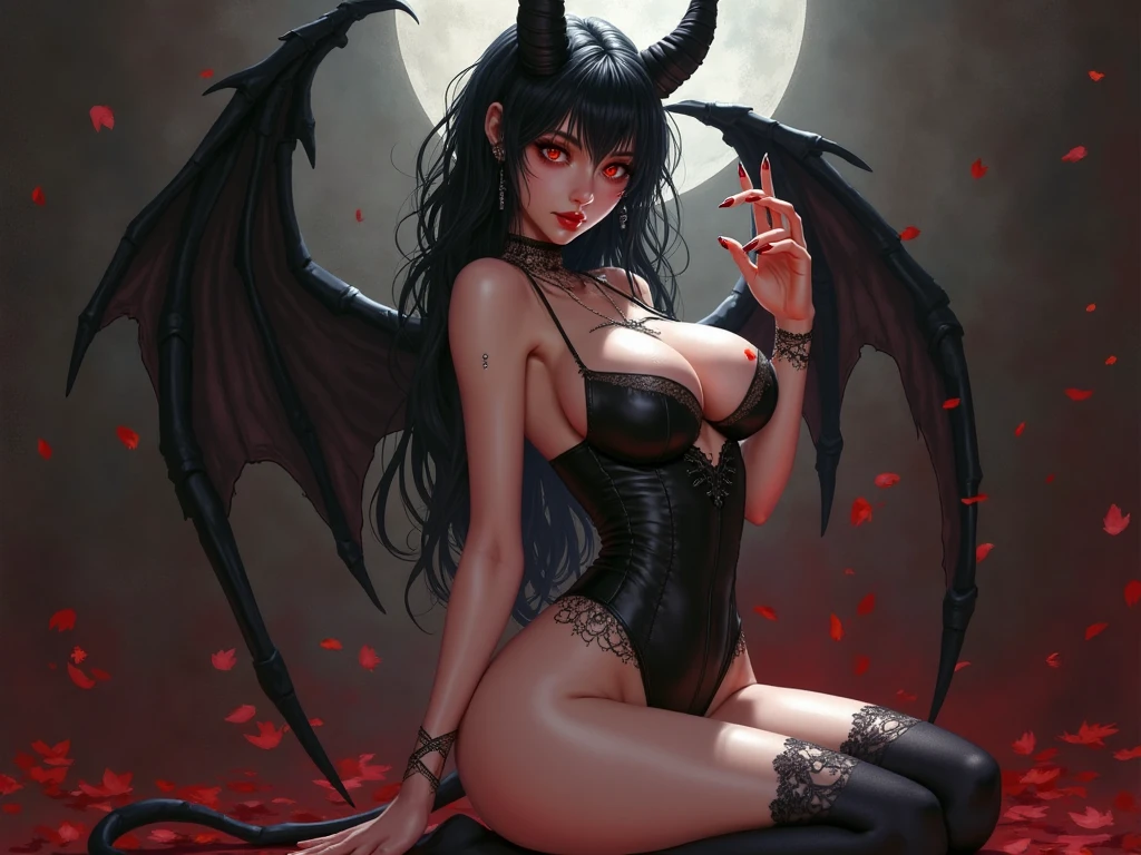ultra detailed Rihanna as Satan sur le Trone de l'enfer, diablesse, Robe sexy noire et rouge, demon wings, Demon horn, Realistic detailed eyes, Context of the chaos of hell and destruction, Evil queen, looking straight at camera, souriant avec satisfaction, longs ongles noirs, Shaded illustration of a high-quality cell in hell, corps entier, pose dynamique, anatomie parfaite, centered, Freedom, soul, Approche de la perfection, Ombrage de cellule, 8k , Cinematic dramatic atmosphere, Water color painting, Illumination globale, detailed and intricate environment, ArtStation, Art conceptuel, mise au point fluide et nette, volumeric lighting, lighting cinematic