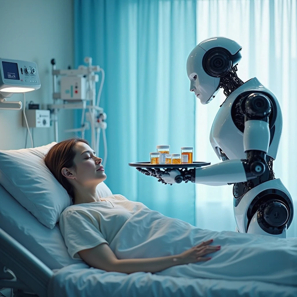 A beautiful female robot, smiling, is working in a very modern Lab. There is a sign that says TAMRABPAILUANG. There are many herbs being researched. An elderly man, smiling, lies on a very modern bed, with the word "No chemistry".