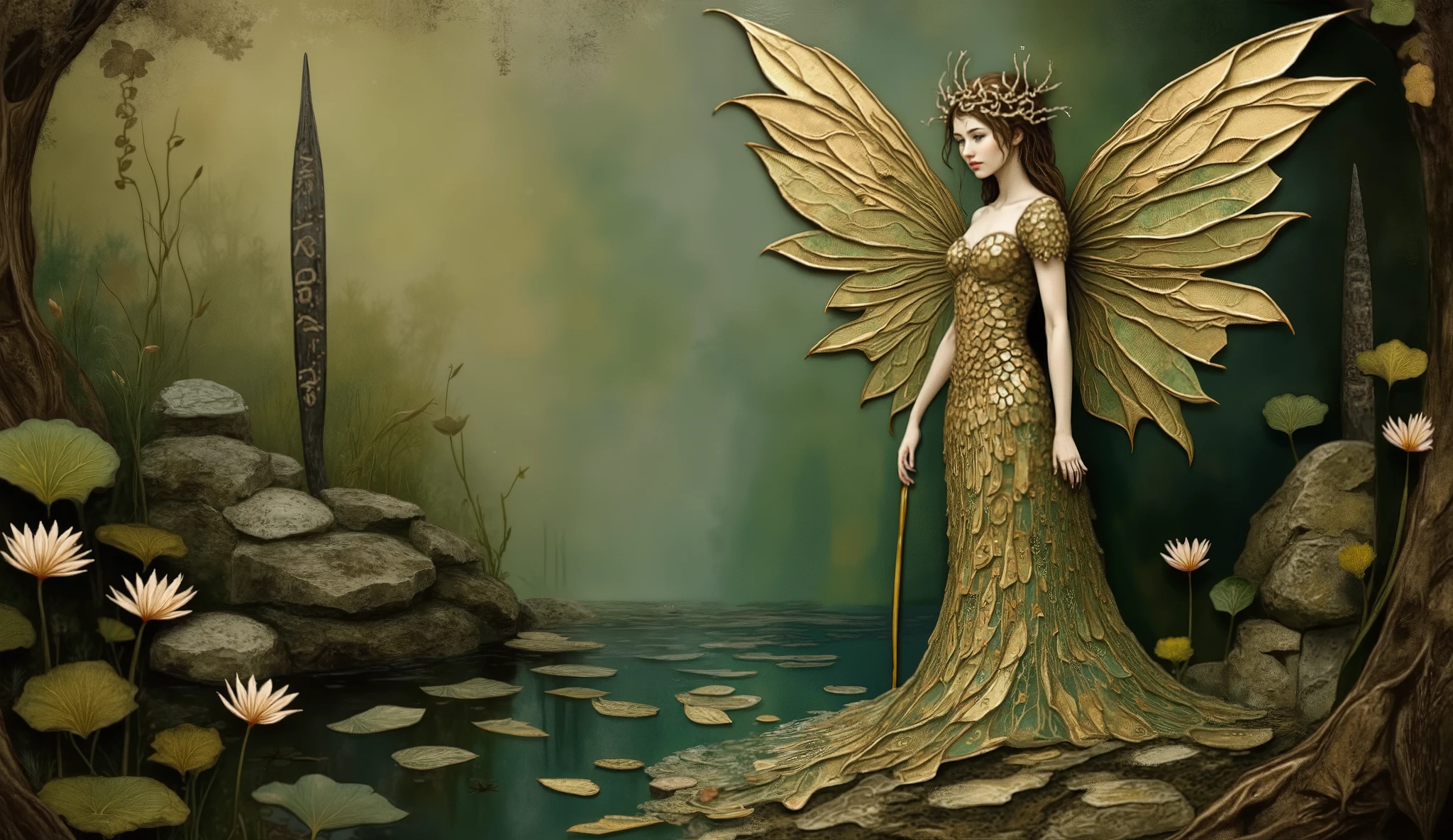 an illustration of a mystical lake inspired by The Mists of Avalon, featuring the Lady of the Lake, radiant and imposing, standing among rune-inscribed stones glowing with magic as Excalibur emerges from the water; the scene is bathed in ethereal moonlight, surrounded by enchanting lilies and lush vegetation, evoking a mythical atmosphere --v 5 --stylize 1000