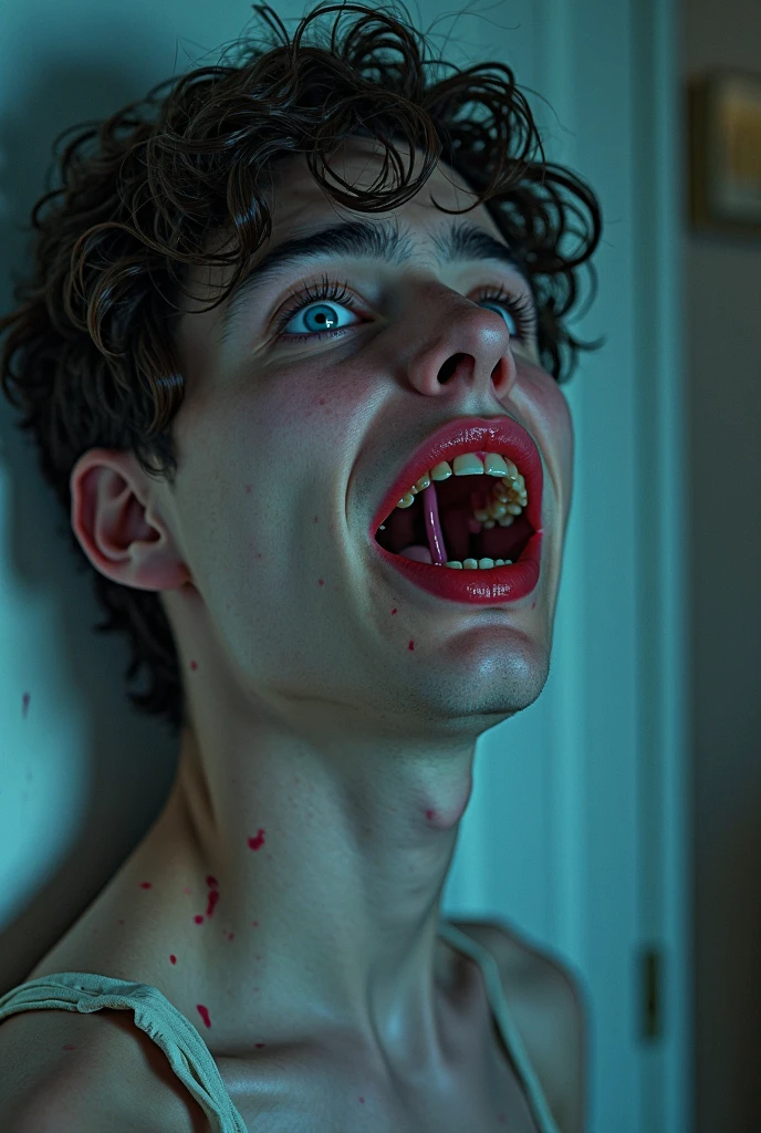extreme closeup creepy screaming face portrait at night, flashlight light, sharp tooth