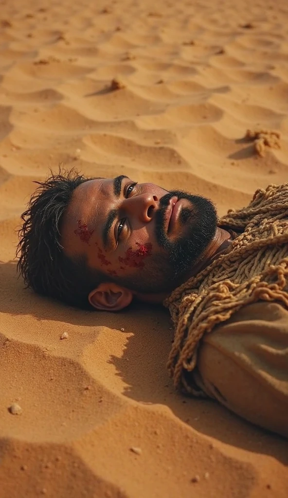 A highly realistic, high-contrast, 8K HD, detailed, hyper-detailed scene set in a desert during sunset. The focus is on the severed head of the protagonist lying on the sand. The head is prominently featured with the cut surface clearly visible, showing the details of the severed neck. Blood is present, adding to the realism of the scene, with streaks and splatters on the sand around the head. The protagonist's expression is frozen in the final moments of shock and realization. The background features the warm, golden light of the setting sun casting long shadows across the sand. The atmosphere is intense and somber, emphasizing the brutal reality of battle.
