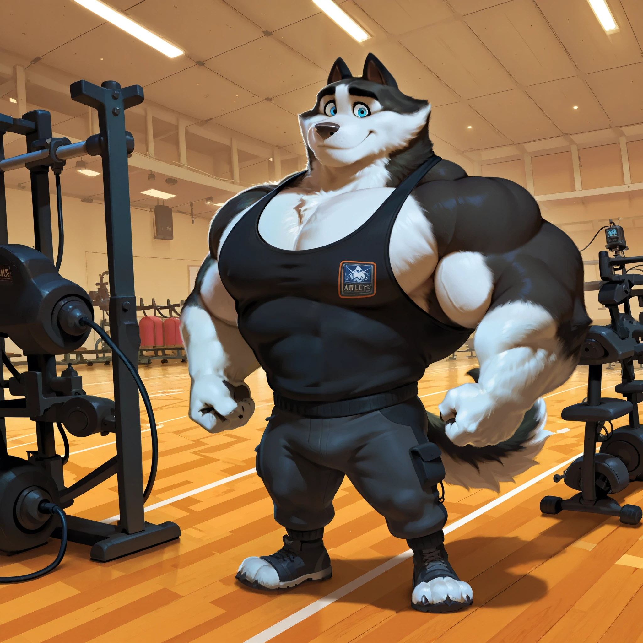 Duke (Arctic Dogs), anthro dog, black fur, white fur, male, blue eyes, high quality, full body, focus on chest, Cable Crossover Machine, Cable Flyes Machine, solo, gym background, thick arms, huge muscular, black tank top, dark gray wristbands, cable crossover row workout, working out, 