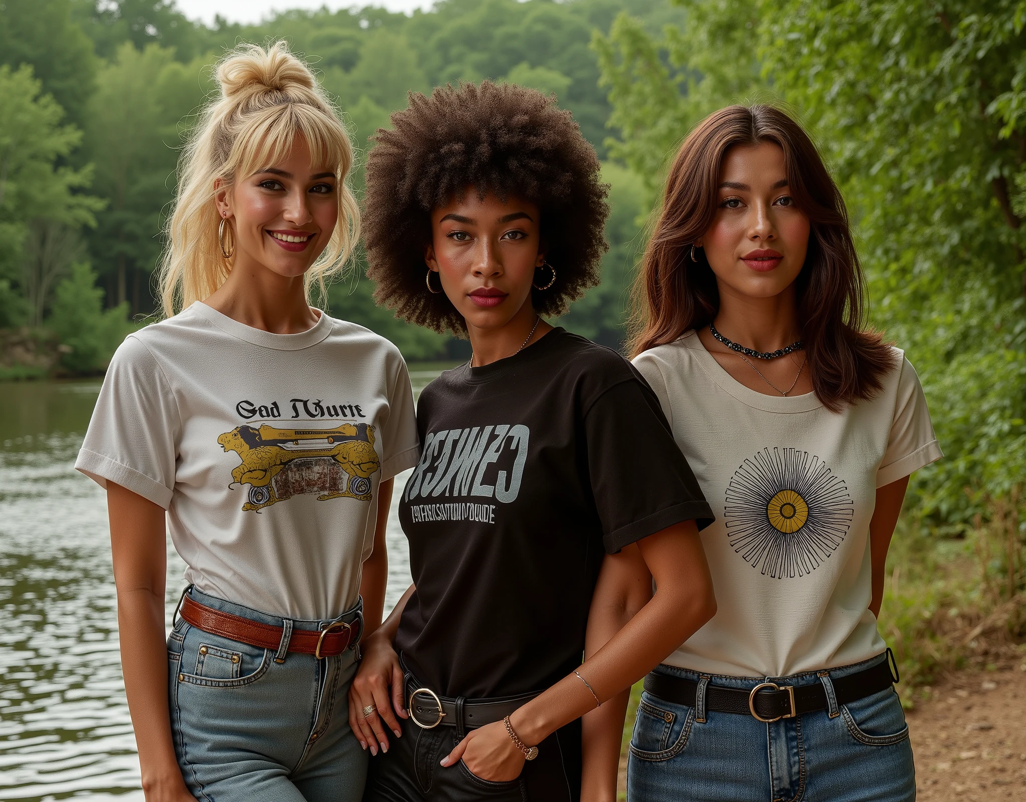 Cinematic photography, eye-level view of a high-fashion magazine cover featuring three models in stylish vintage outfits. The models include a blonde woman, a Black woman, and an Asian woman, each dressed in 1970s-inspired attire, such as graphic t-shirts, high-waisted flared jeans, and elegant accessories. They stand confidently near a serene riverside, surrounded by lush green trees, evoking a nostalgic yet timeless atmosphere. The composition is well-balanced, with the blonde model in the foreground smiling suavely at the viewer, while the Black and Asian models pose slightly behind her, gazing into the distance with poised expressions. The image features enhanced depth of field, making the foreground crisp while subtly blurring the background, adding cinematic realism. Soft, natural lighting accentuates their facial features and clothing textures, with a slight grainy, analog film effect enhancing its vintage aesthetic. The immersive setting transports the viewer into a true fashion editorial from the past.