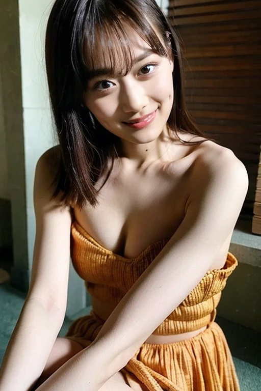 (1 woman:1.99)、(Wide forehead、Very short hair、Very small amount of hair、Forehead、Fuji frame:1.1)、Sunburn、17 years old、Naughty、Happy expression、満面のsmile、Weakness、love、I feel very comfortable alone、(Orange halter top),((Very sleepy、Improves skin texture,smile、Narrow eyes、Very weak eyesight、Very weak eyeliner、Eyes slightly closed、I know the shape of your head、Oval Face))、(slicked back hair:1.25)、Photographic, Raw photo, Mastepiece, Highly detailed photos, Digital SLR, Photo-realistic 1.4, Super hello nothing, Best Quality,(standing、tilting your head、whole body:1.7)