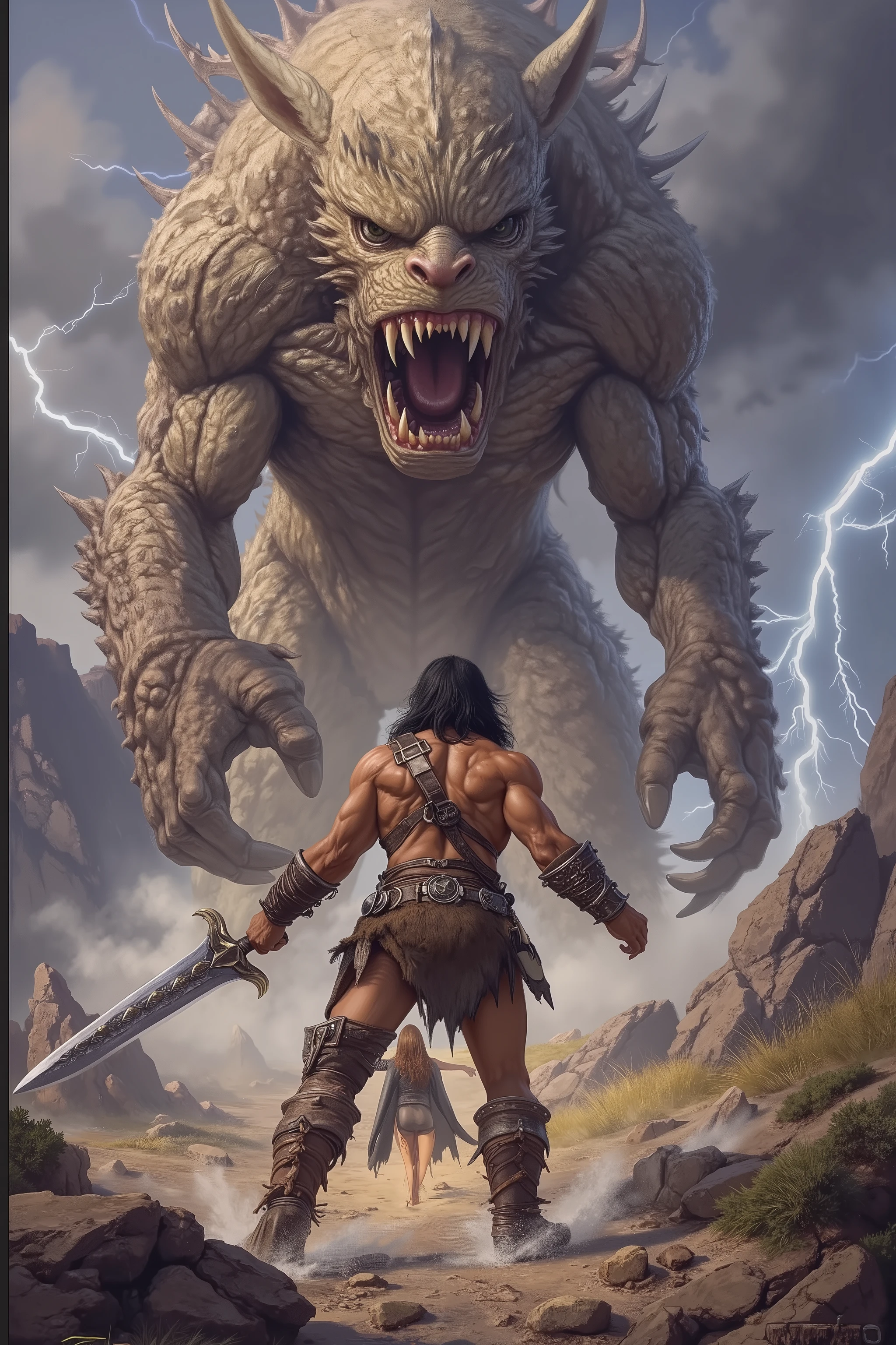 Conan the Barbarian confronts a terrible monster to save a gorgeous nubile damsel in distress, art style of boris valejo, fantasy stormy hilltop