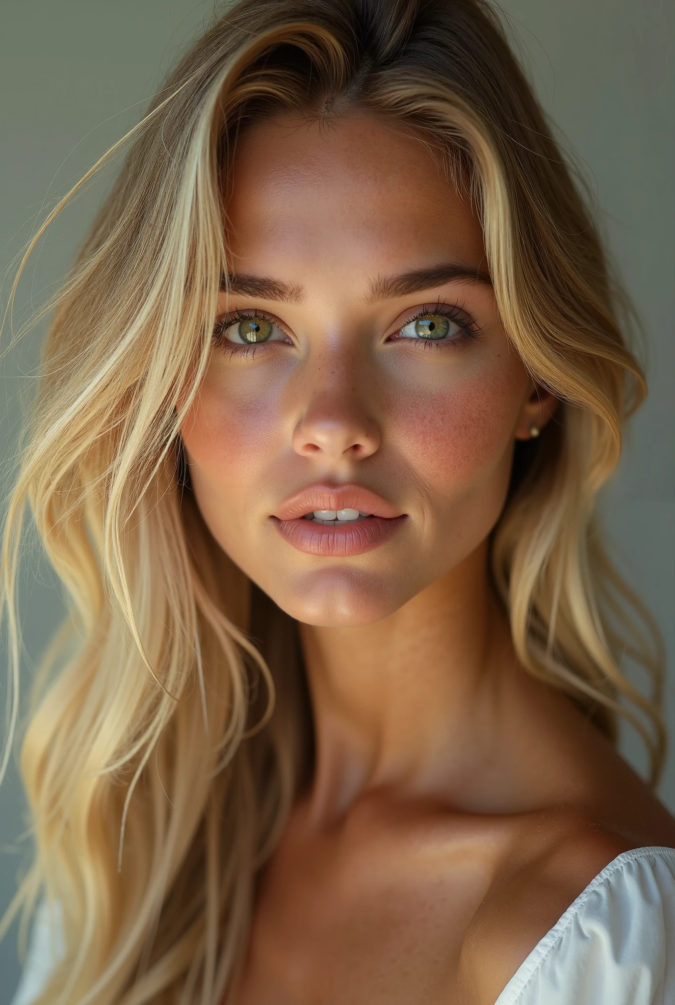 A close up of a woman with long blonde hair and green eyes - SeaArt AI
