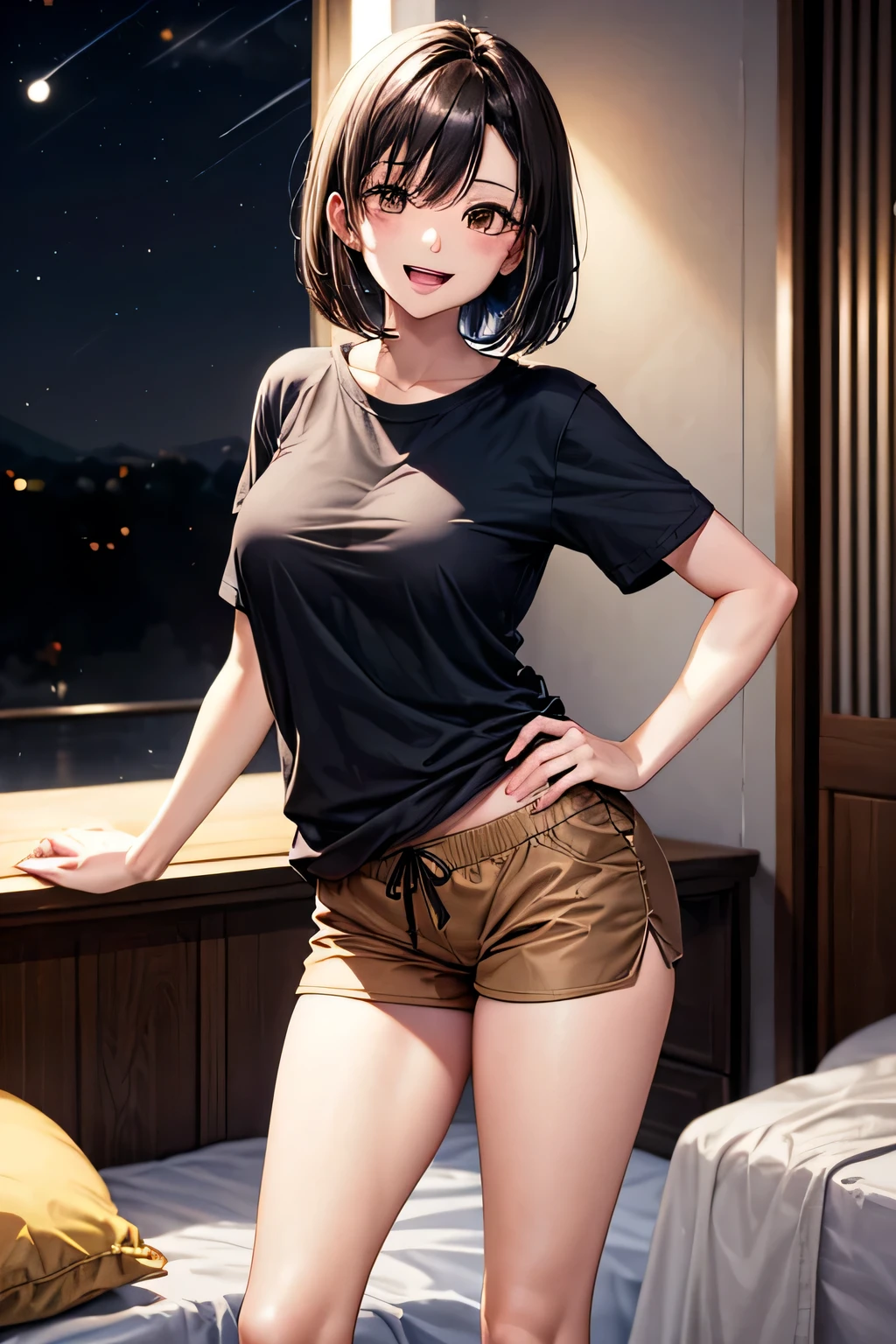 (masterpiece:1.5)、(highest quality:1.5)、(8K:1.2)、(Super detailed:1.2)、(realistic:1.2)、(ultra high resolution:1.2)、(Highly detailed and realistic skin:1.2)、(Very detailed and clean sharp eyes:1.2)、(bright lighting:1.3)、(on the hotel bed:1.4)、(cute smile:1.4)、(cat pose:1.5)、break、(18 year old woman with slender figure:1.3)、(beautiful eyeliner)、(beautiful eyeshadow)、natural color lip、break、(Cat Ear Band:1.3)、break、(Black and white T-shirt:1.3)、break、(black shorts:1.3)、(Medium black bob hair that covers one eye:1.3)、break、(medium beautiful breasts)、(blushing cheeks:1.2)、