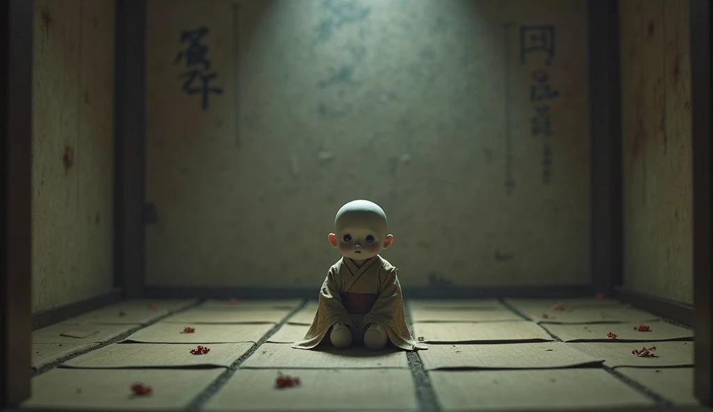 younge boy，袈裟，Meditate，putting their hands together，bald head，Temple，Portrait Photogram， 35mm film， Natural blur， cinematic lig，