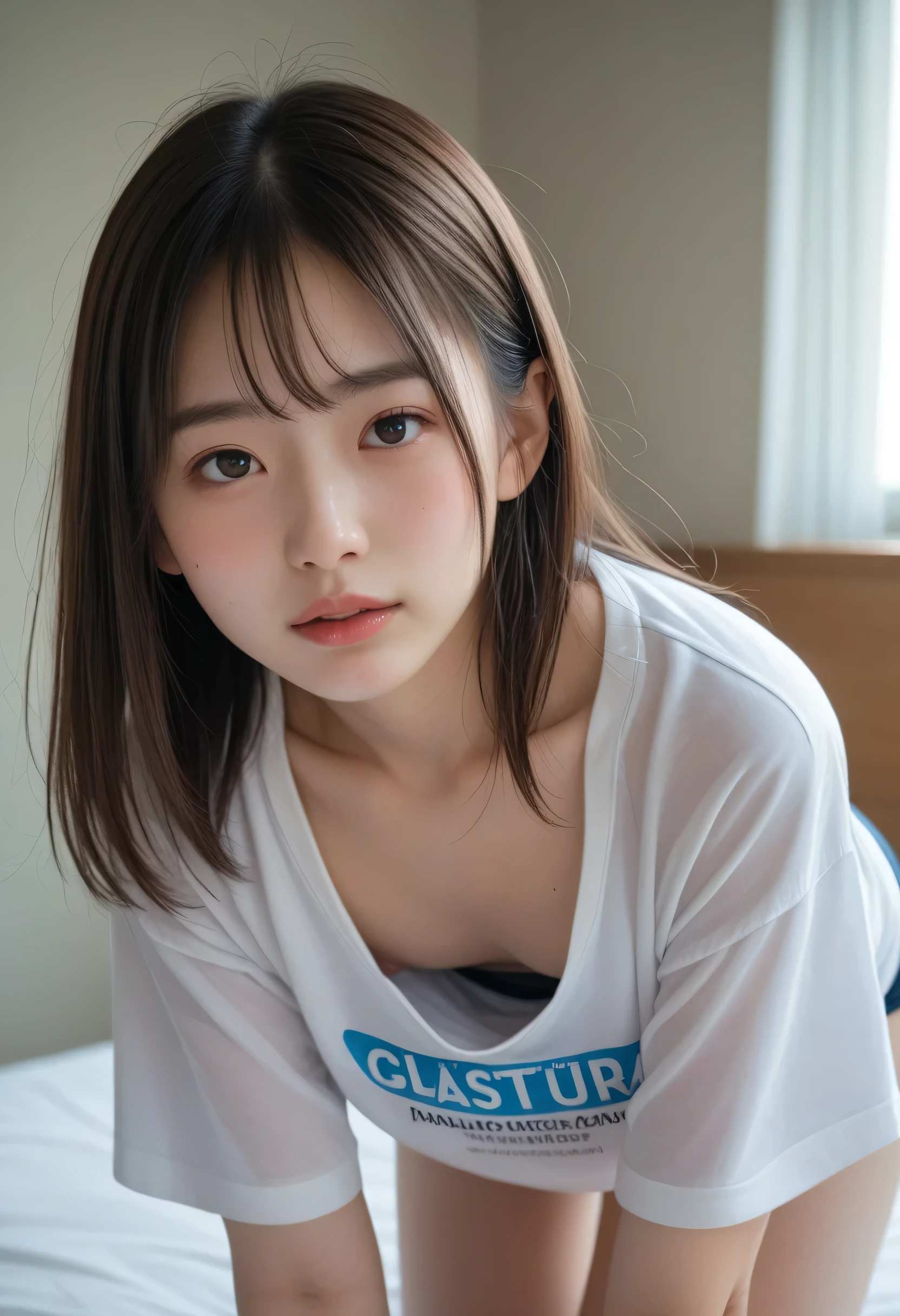 8k,High definition、highest quality、14 year old Caucasian girl、on the bed, finger in the crotch ,do lick it is finger,suddenly face,open crotch,open legs