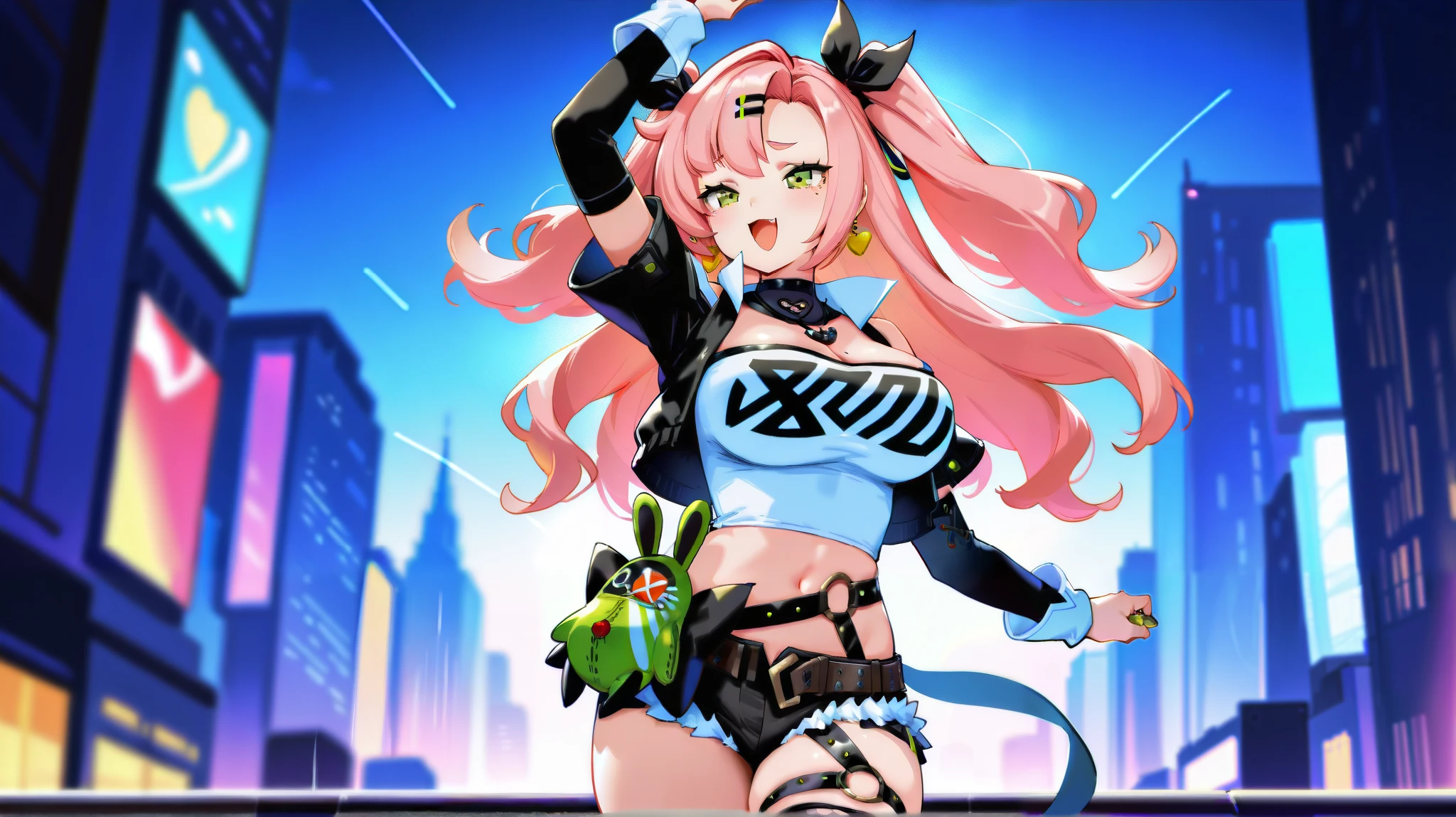 Erotic Anime Illustration、highest quality、Sex Appeal、Downtown Festival、smile、Road surface covered with graffiti、Selling aphrodisiacs、Splatoon、Plump Gal、Perfect proportions、Very large breasts、Exposed nipples、Fatty legs、Beautiful, shining eyes、Exposing the vagina、Sweaty、Cowboy Shot、Hatsune Miku
