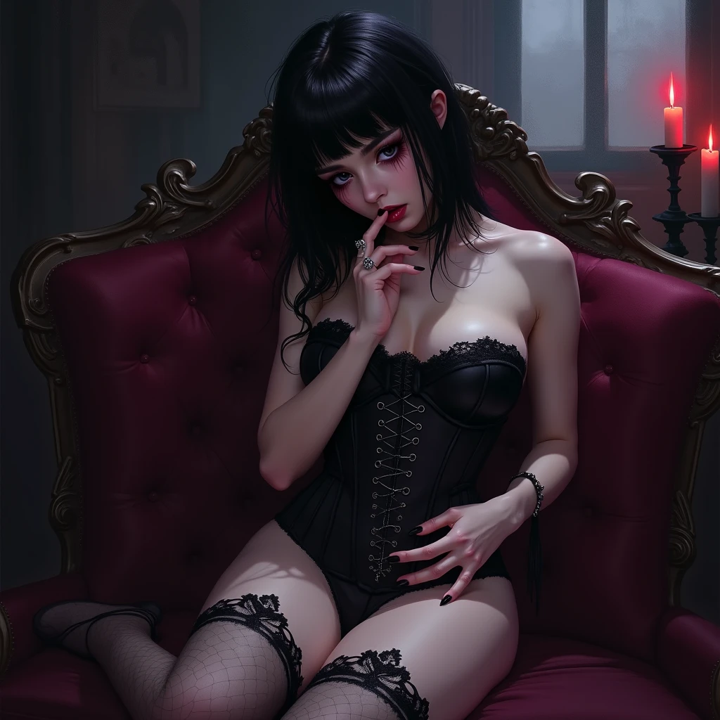 there is a woman sitting on a table holding a wine glass, she holds a glass of wine, an elegant gothic princess, gothic maiden anime girl, succubus in tight short dress, beautiful vampire queen, vampire girl, beautiful vampire female queen, gothic fantasy art, beautiful alluring anime woman, artstyle tom bagshaw, female vampire, elegant victorian vampire, gothic girl