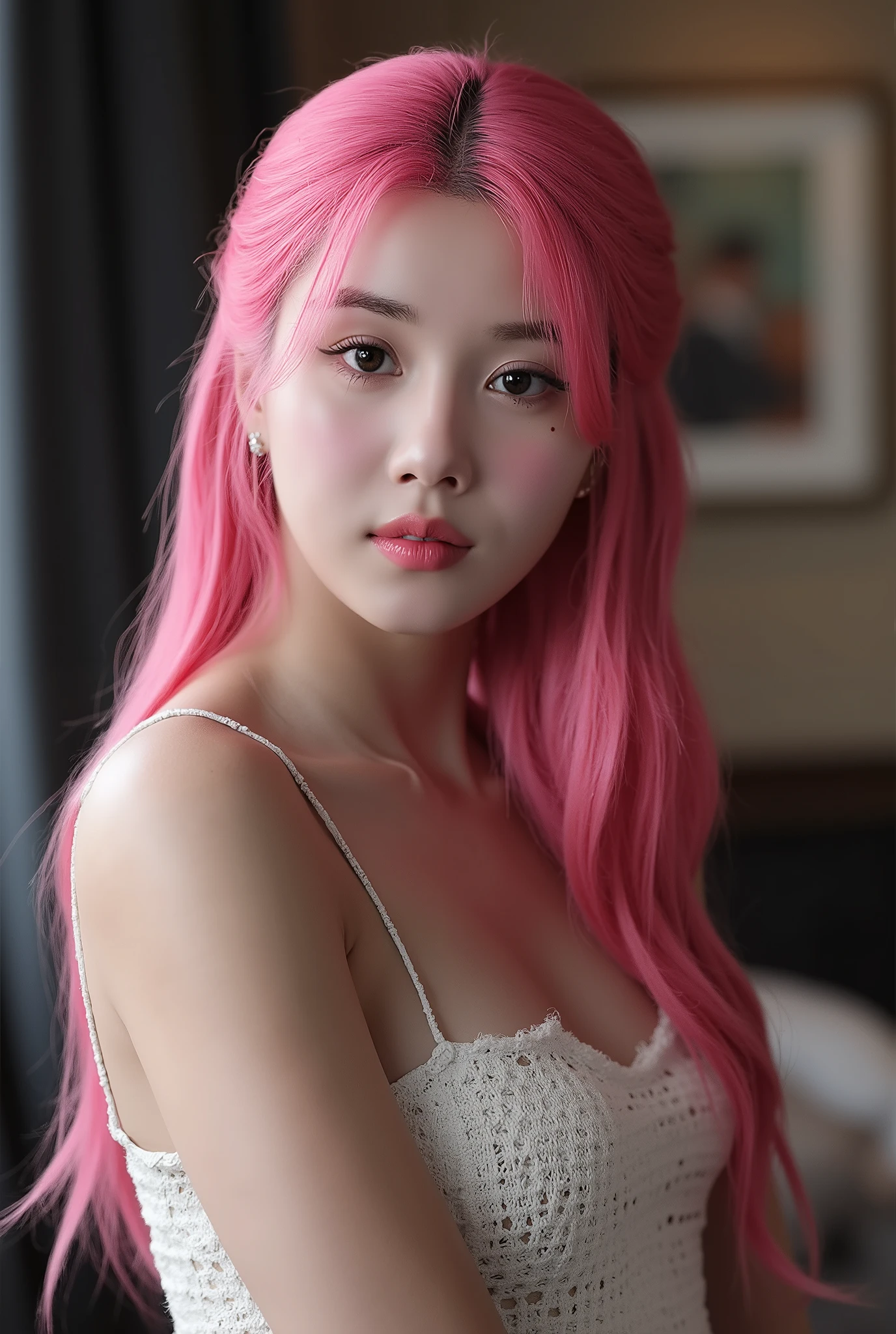 a beautiful girl with vibrant pink hair, detailed facial features, wearing a casual dress, looking directly at the viewer, blushing, biting her lip seductively, (best quality, 4k, 8k, highres, masterpiece:1.2), ultra-detailed, (realistic, photorealistic, photo-realistic:1.37), (very detailed CG unified 8k wallpaper), (best illustration), (best shade), intricate details, cinematic lighting, vivid colors, detailed hotel room background