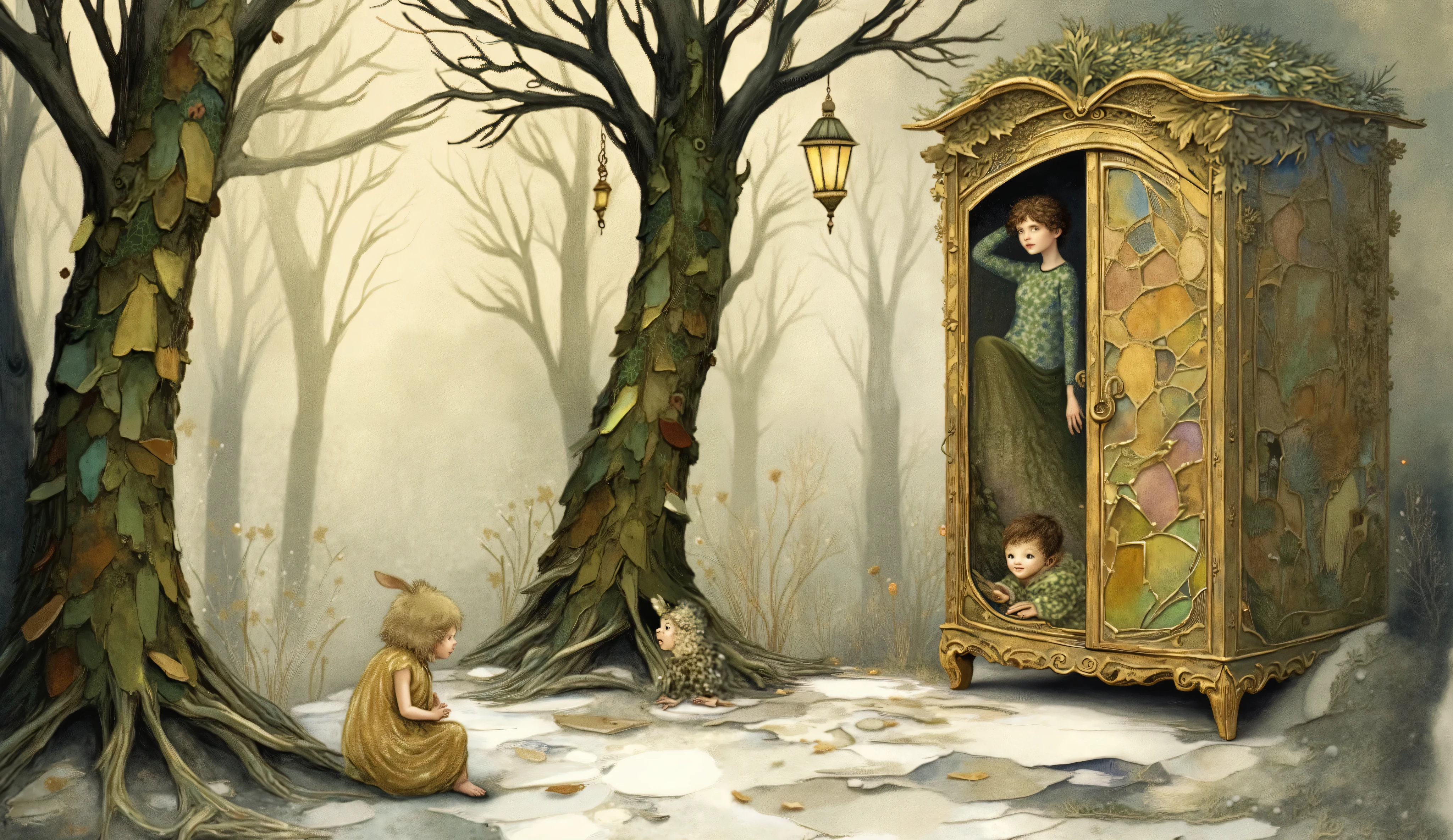 A whimsical watercolor painting in the style of Beatrix Potter, depicting an antique wooden wardrobe standing slightly ajar, revealing a snowy forest with towering trees and glowing lanterns. A small group of ren peers inside, their expressions filled with curiosity and excitement. The color palette is soft and muted, with delicate blues, whites, and browns. The lighting is gentle and diffused, creating a dreamlike and nostalgic ambiance. --v 5 --stylize 1000
