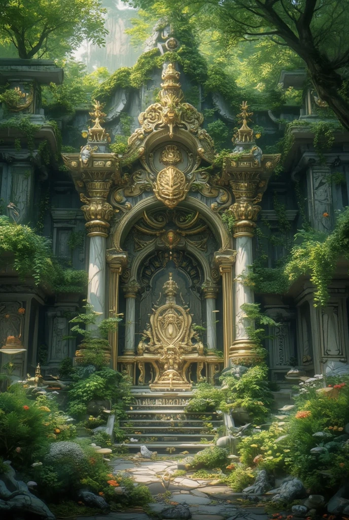 (Cinematic Photo:1.3) of (Realistic:1.3),(Disgusting:1.3) ancient marble altar in fairy forest, random beautiful jungle, knotted roots, vibrant colors, gnarled trees, fractal lush vegetation, natural sunlight, intricate details, realistic digital art, <lora:epiNoiseoffset_v30:1>, many mess tiny colorful flowers, (oversaturate:1.2), by Jean-Baptiste Monge, Gilles Beloeil, Tyler Edlin, Marek Okon, Pixar, album art, comic style, golden ratio, perfect composition, a masterpiece, trending on artstation,Highly Detailed,(Art Nouveau:1.3),(Photorealism:1.3),(Classical Realism:1.3),(Vivid Colors:1.3)