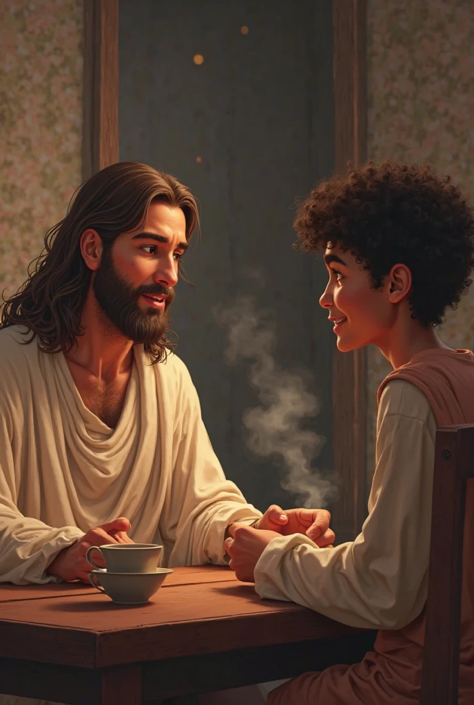 One of approximately , wearing a white outfit this child has short dark blonde hair, greeneyes, she is talking to Jesus Christ at a dinner table