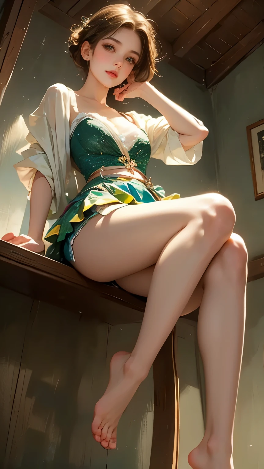 ((Biologically correct limb count)),((Natural finger shape)),((Full Body Shot,Including face)),Standing position,4K,masterpiece,((Focus on the face)),((Symmetrical facial features)),Eye for detailed depiction,Beautiful woman,Excellent style,Beautiful feet,(Small Ass,Thin thighs),(Patterned black stockings,High heels),Detailed depiction of the face,Small earrings,necklace,Low angle photo,((Pastel green lace bra and lace panties,Lifting the skirt to reveal panties)),Park scenery on a holiday morning,Strong sunlight,(((A facial expression of pleasure))),(((Lean your body back and sit on the ground))),((Hands lifting from under your chest)),(Face the camera),profile,Bright green hair