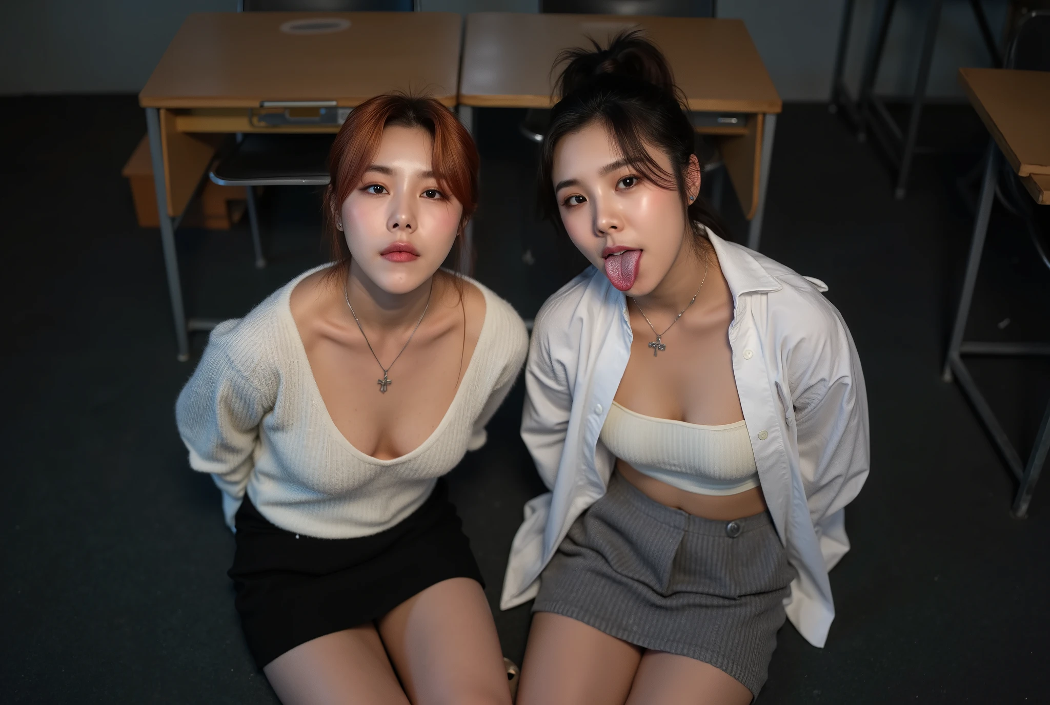 Realistic high-angle photo of two pretty korean women in a classroom in the evening. One is aged 21 and has light-brown hair and is wearing a very tight plain-white cashmere sweater (showing cleavage and no bra) and a straight black miniskirt. The other is aged 19 and has dark hair in a ponytail, and is wearing a fully unbuttoned very tight white shirt, a silver cross pendant, and a dark-grey pleated miniskirt. They are kneeling in the classroom, looking up to the camera. They both have both hands behind their backs. Their mouths are open with their tongues out