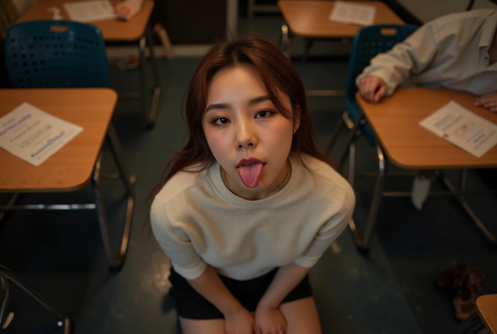 Realistic high-angle photo of a pretty korean women in a classroom in the evening. She is aged 21 and has light-brown hair and is wearing a very tight plain-white cashmere sweater (showing cleavage and no bra) and a straight black miniskirt. She is kneeling in the classroom, looking up to the camera. She has both hands behind her back. Her mouth is open with her tongue out
