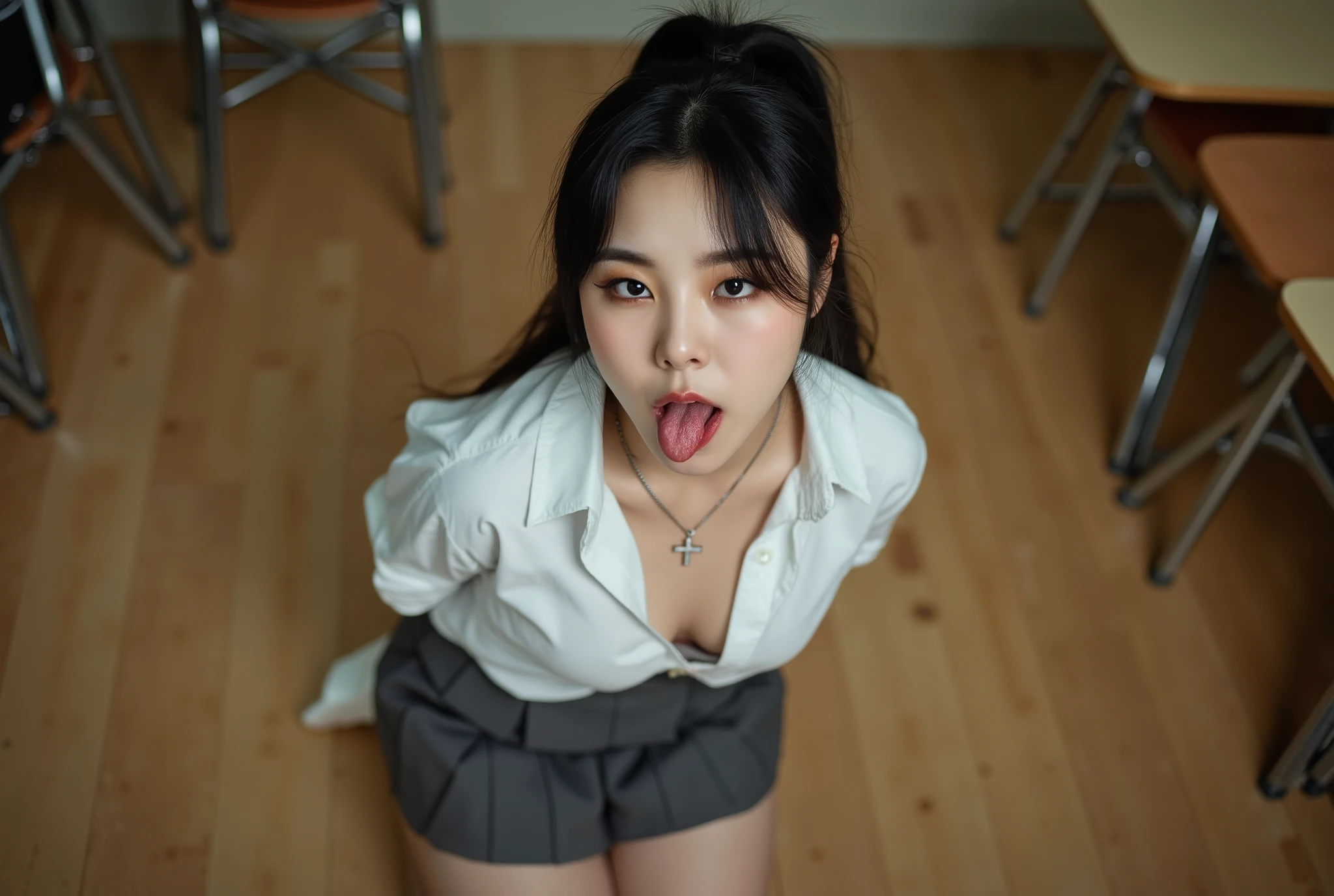 Realistic high-angle photo of a pretty korean women in a classroom in the evening. She is aged 19 and has dark hair in a ponytail, and is wearing a fully unbuttoned very tight white shirt, a silver cross pendant, and a dark-grey pleated miniskirt. She is kneeling in the classroom, looking up to the camera. She has both hands behind her back. Her mouth is open with her tongue out