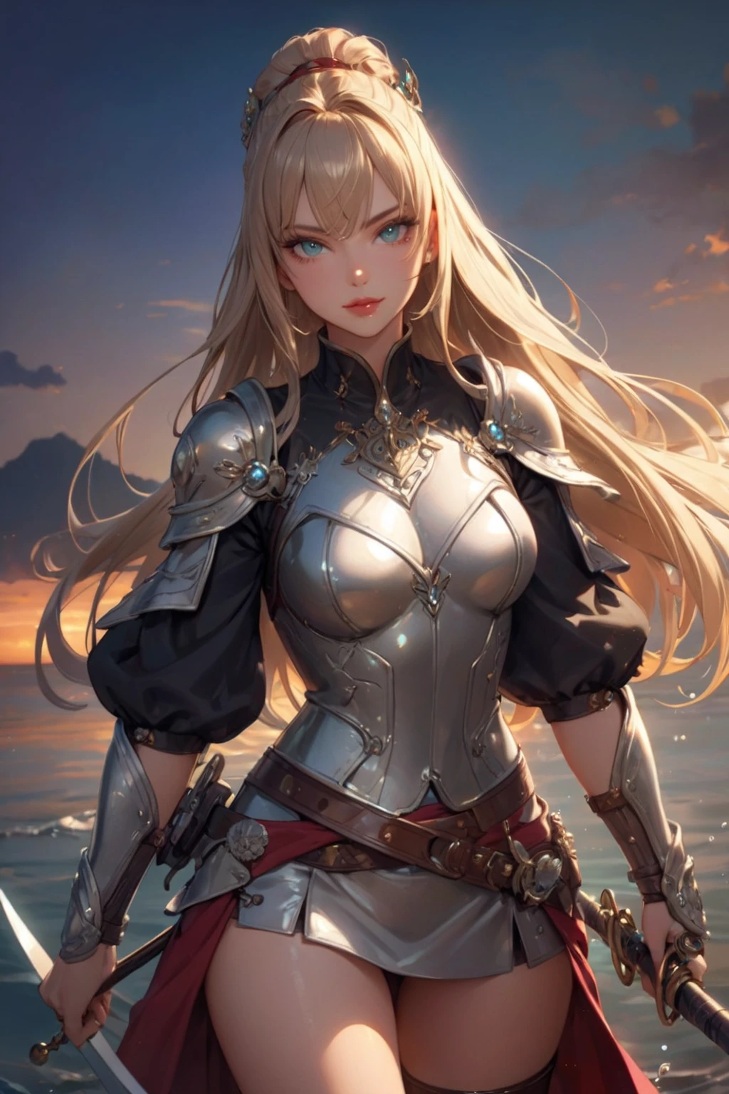 super detail, Masterpiece, pov, woman, warrior, modern light armor, blonde, blue eyes, mountain, waterfall, sunset, soft lighting