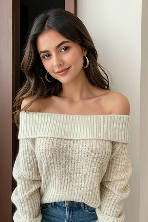((Mejor calidad)), ((obra maestra)), (detallado), cara perfecta, mandy kay, sonriente, off-shoulder sweater, cabello  rizado, 18 years old, looking to the camera,primera plana, mirando de costado