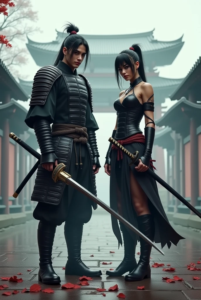 High quality, high image quality, high resolution, realistic, photo, 美少女1 and 紳士1,130cm cute female swordsman and 175cm astringent slender male wizard, female swordsman wearing bikini armor, female swordsman holding a big sword in both hands, male wizard wearing white robes, male wizard holding a wand