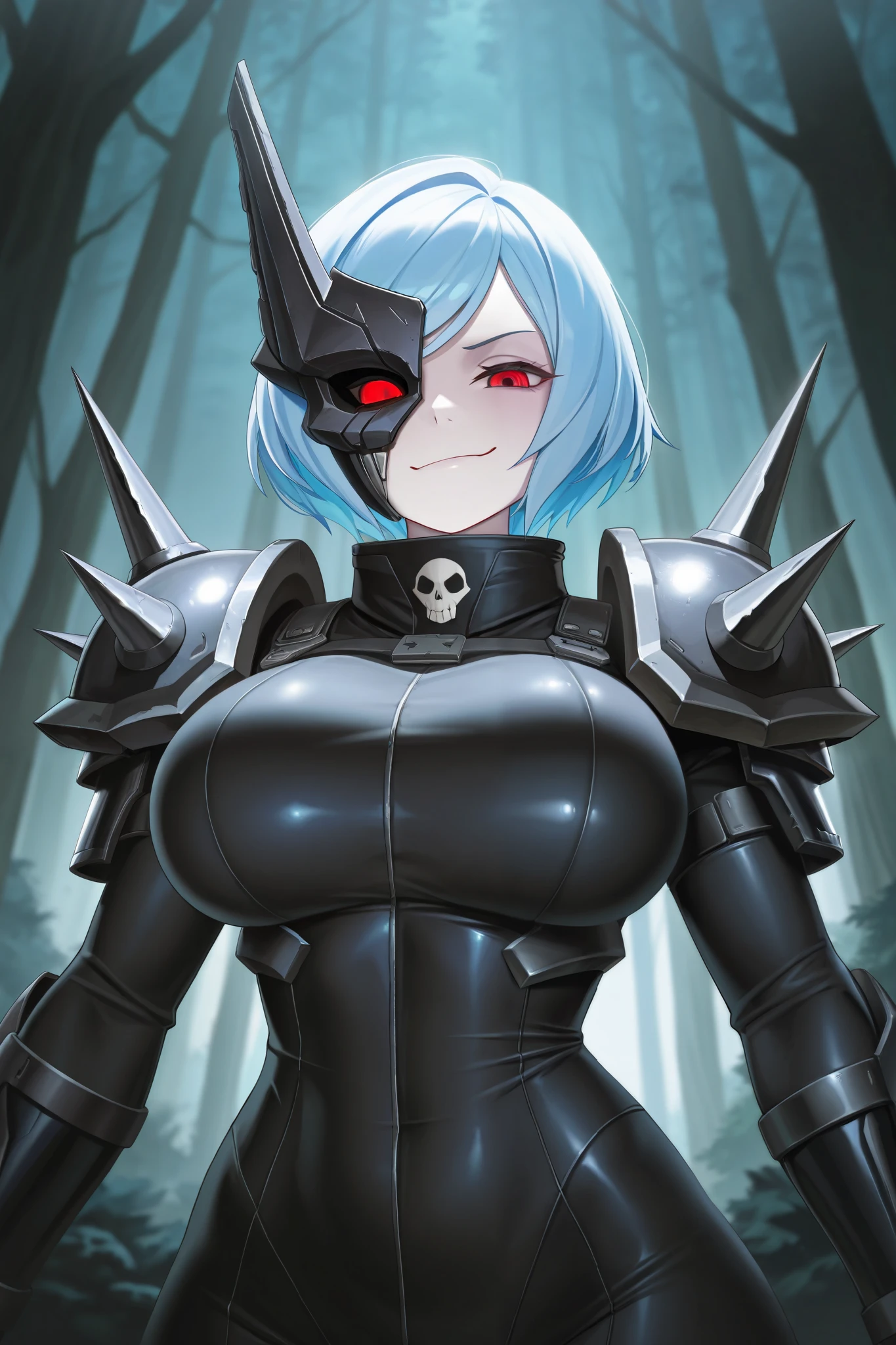 absurdres, (((HD))), (((Ultra High Quality))), ((hyper detailed)), ((detailed eyes)), (((8K))), ((perfect face)), ((masterpiece)), 1girl, vile smirk, pale skin, mouth closed, red eyes, pale blue hair, short hair, swept bangs, large breast, black flight suit, spiked shoulder armor, metal half mask, skull mask, goggles, forest background
