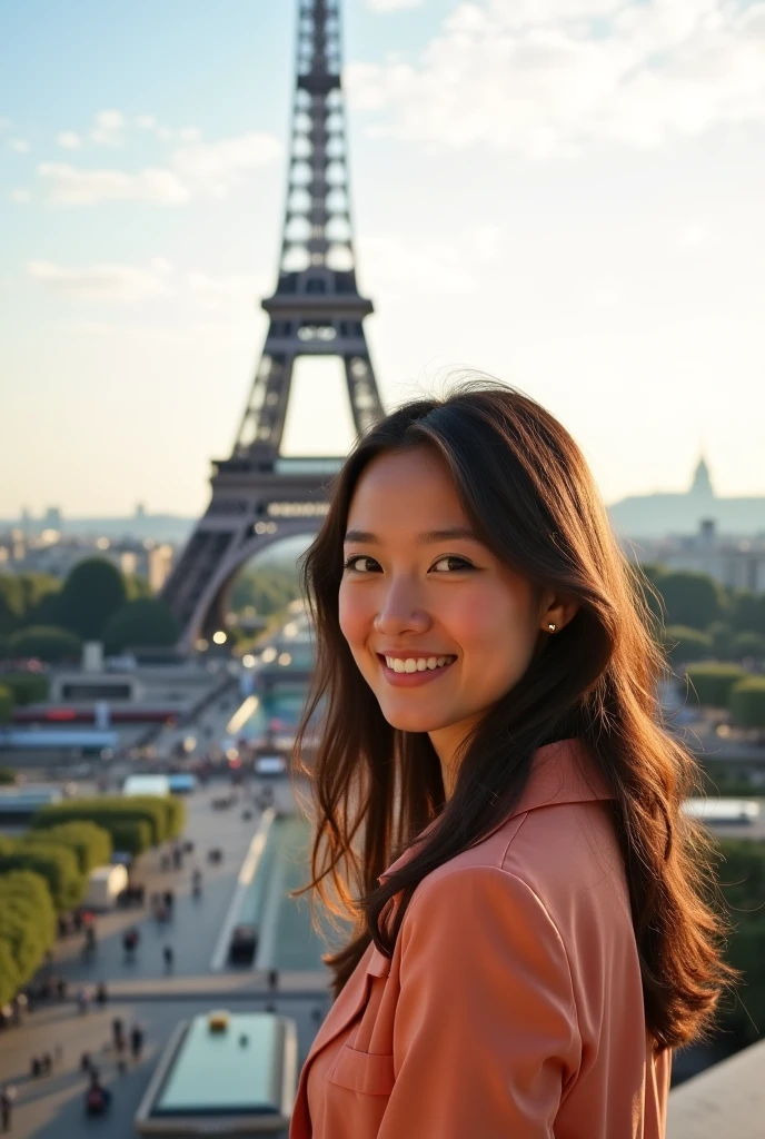 arafed woman with a nice breast sitting in front of the eiffel tower in France, beautiful asian girl, asian girl, pretty face with arms and legs, blonde goddess, beautiful blonde girl, blonde girl, japanese goddess, young and cute girl, smiling seductively, young asian girl, good young girl, japanese model, cute girl, big smile on her face, asian nymph bald goddess