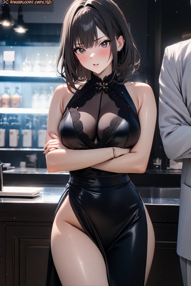 (unparalleled masterpiece:1.1), (best quality:1.1) (illustration:1.07), (realistic, photorelistic), sharp focus, (intricate details, hyperdetailed:1.15), mature female, black hair, very long hair, ponytail, blue eyes, blush, open smile, transparent cleavage, see-through, cleavage, miniskirt, erect, huge ass, medium breasts, thick thighs
