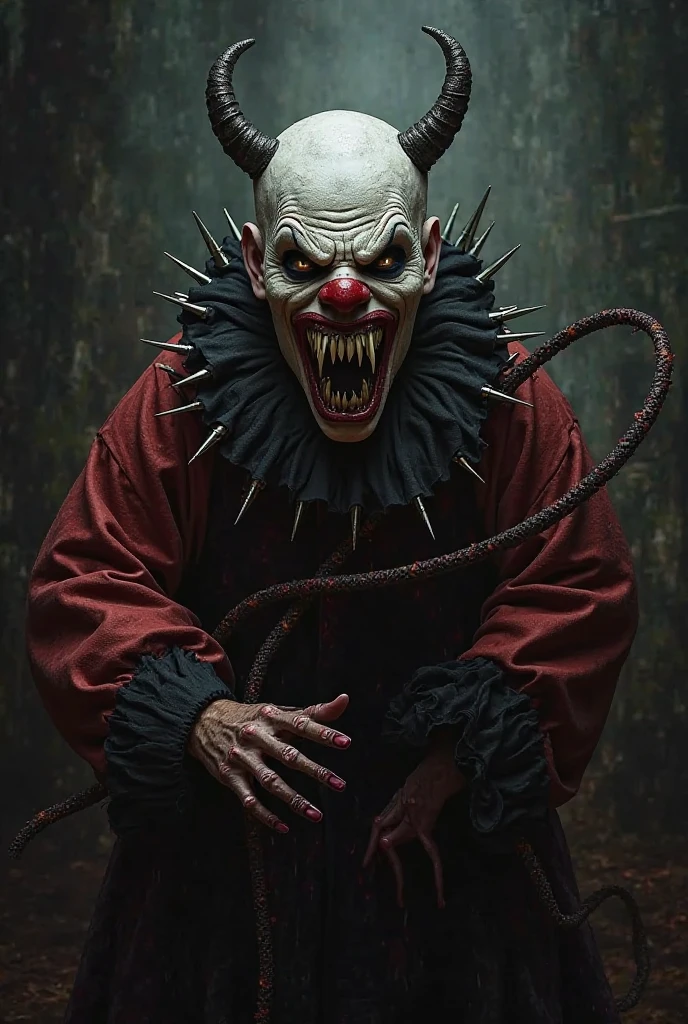 (Highest Quality, 4k, masterpiece, Amazing Details:1.1), standing, post apocalypitic  background at dawn, wearing wear out gothic clothes, Shallow Depth of Field, E671, lens 50mm f/2.0, ((male_horror_clown)), pircings, tatoos, red glowing snake eyes, (realistic scales, detailed scales texture:1.2),studded bracelet, ((photorealistic) (RAW Photo)), (on the last day on eath), angry, evil smile, ((gothic))