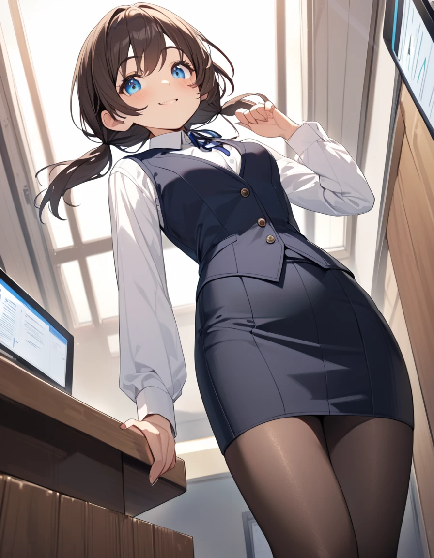 masterpiece, best quality, expressive eyes, perfect face, highly detailed, intricate detailed, atmospheric perspective, solo, 1mature seductive woman lifting skirt, alluring pose, brown semi long hair, neckless, business suit, checked vest, blouse, black pencil skirt, tight mini skirt, pantyhose, panties, curvy, thighs, calm smile, opening legs, from below, in office, at night,