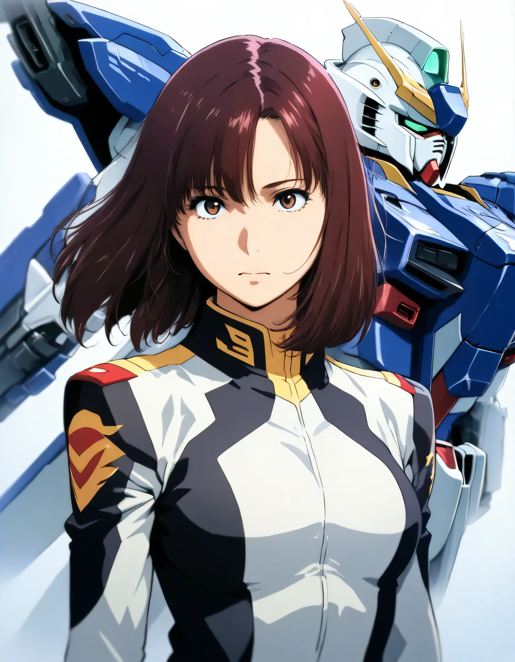 1girl, sato rika, gundam, year 2016, upper body, mobile suit in the background, wing gundam zero custom, masterpiece, high score, great score, absurdres, 16k, super detail