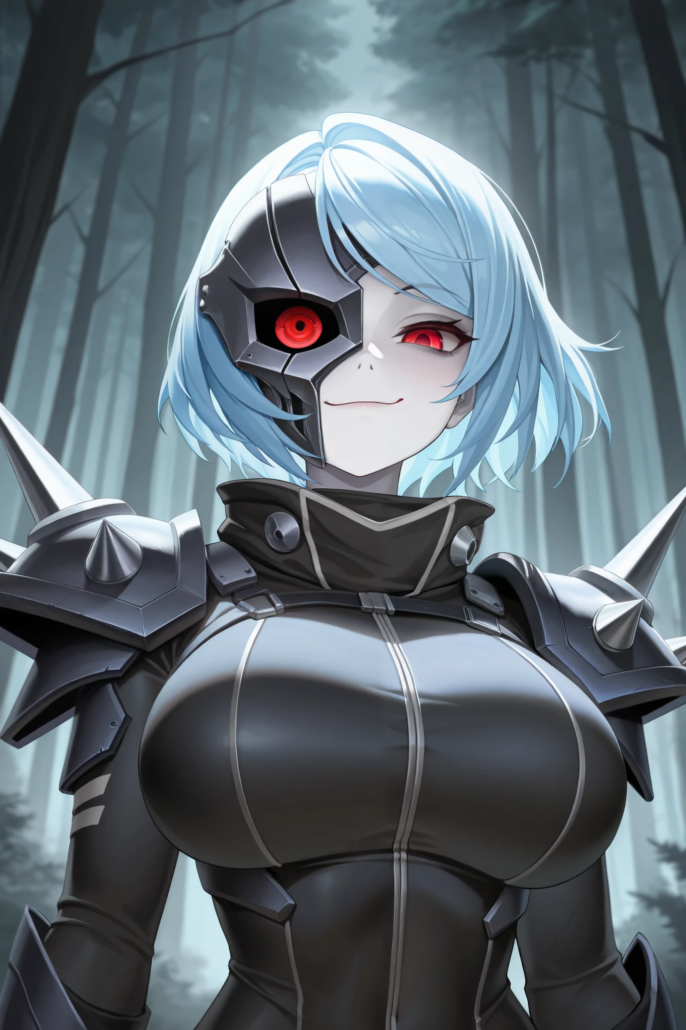 absurdres, (((HD))), (((Ultra High Quality))), ((hyper detailed)), ((detailed eyes)), (((8K))), ((perfect face)), ((masterpiece)), 1girl, vile smirk, pale skin, mouth closed, red eyes, pale blue hair, short hair, swept bangs, large breast, black flight suit, spiked shoulder armor, metal half mask, mask, goggles, forest background