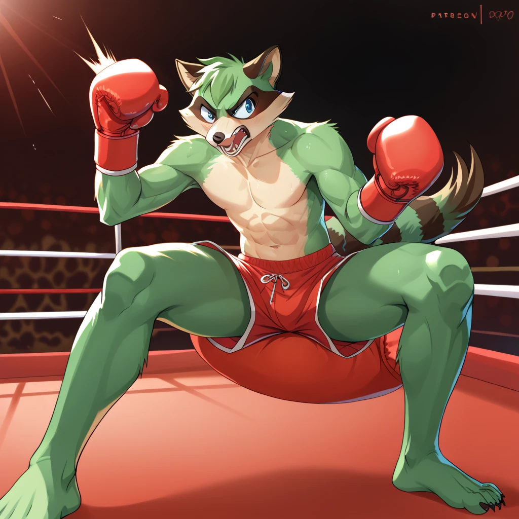 Bird man , green and red,  arms behind head, wrestler, luchador, 
