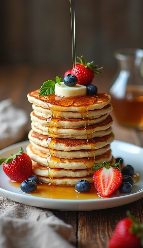 mage of a tall, fluffy stack of freshly made pancakes, golden brown and slightly caramelized around the edges, placed on a minimalist white plate. Warm maple syrup trickles from the top, sliding down the edges and pooling in a golden pool at the base. Chunks of butter melt on top, accompanied by fresh halved strawberries, bright blueberries, and a few mint leaves for green contrast. The scene is set on a rustic wooden table with natural grain, with soft, diffused lighting highlighting the textures: the porosity of the pancakes, the sheen of the syrup, and the vibrant red of the fruit. Clean editorial style with a balanced composition: negative space on one side for magazine text, slightly tilted angle to show depth and detail. Warm palette (amber, cream, and soft red tones) with selective focus on the center of the stack. Cozy and luxurious atmosphere, ready for a foodie cover or a sophisticated brunch feature.