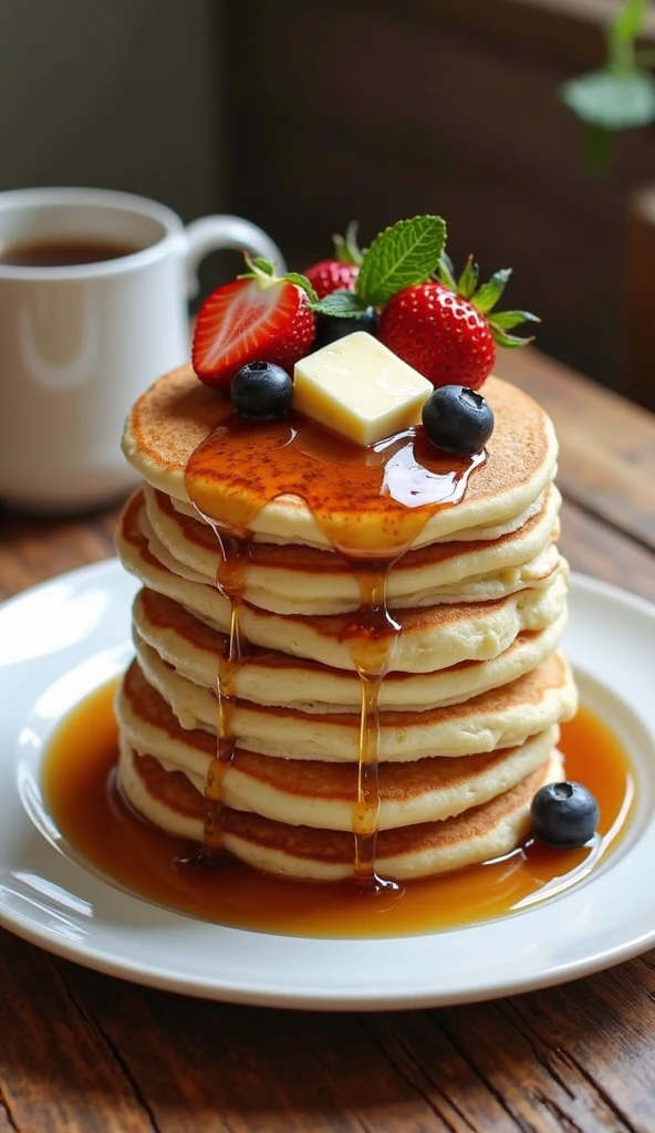 mage of a tall, fluffy stack of freshly made pancakes, golden brown and slightly caramelized around the edges, placed on a minimalist white plate. Warm maple syrup trickles from the top, sliding down the edges and pooling in a golden pool at the base. Chunks of butter melt on top, accompanied by fresh halved strawberries, bright blueberries, and a few mint leaves for green contrast. The scene is set on a rustic wooden table with natural grain, with soft, diffused lighting highlighting the textures: the porosity of the pancakes, the sheen of the syrup, and the vibrant red of the fruit. Clean editorial style with a balanced composition: negative space on one side for magazine text, slightly tilted angle to show depth and detail. Warm palette (amber, cream, and soft red tones) with selective focus on the center of the stack. Cozy and luxurious atmosphere, ready for a foodie cover or a sophisticated brunch feature.