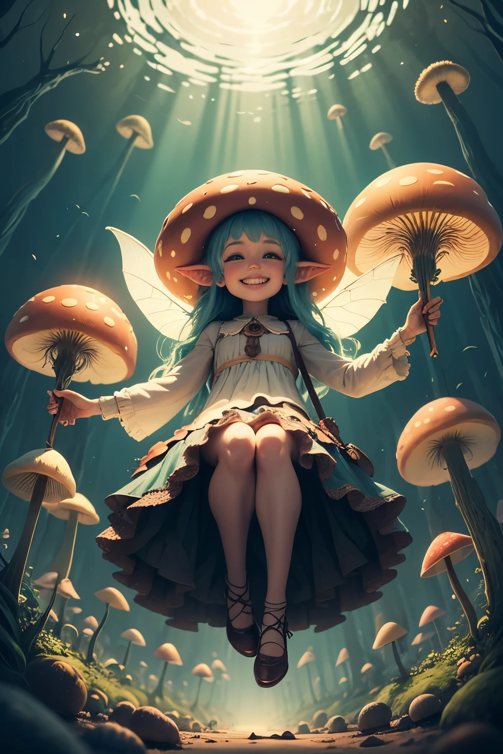 One round little mushroom fairy floats in the air. The mushroom fairy is in the shape of a person, smiling with eyes and nose on its stem. Look up at the mushroom fairy from directly below.