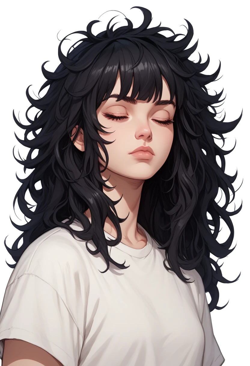 1 girl, Alone, long hair, dark circles, Mouth closed, mangas largas, looking at the spectator, bangs, shirt, simple background, black hair, messy hair, White background