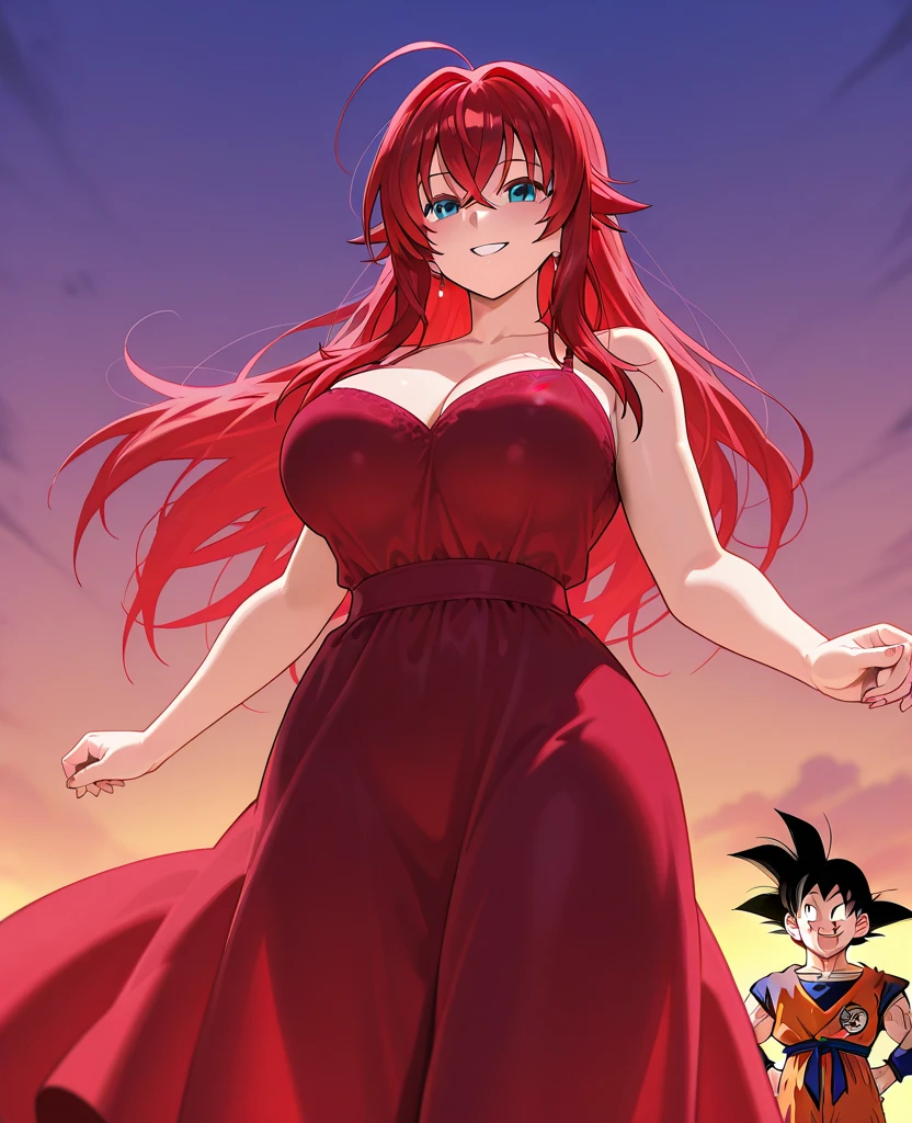 JessicaWaifu, Massive , elbow gloves, green eyes), Massive and Deep cleavage, red lips, (strapless dress) (red hair) (red dress), ((She has a mature figure, her cleavage is Massive and Deep)) b