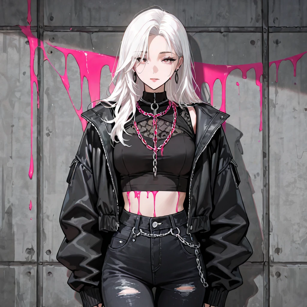 anime girl, white hair, brown skin, black lips, black tights , black shorts, black top shirt, brown eyes, collar on the neck with spikes,detailed eyes, ultra detailed, high quality, teenager,