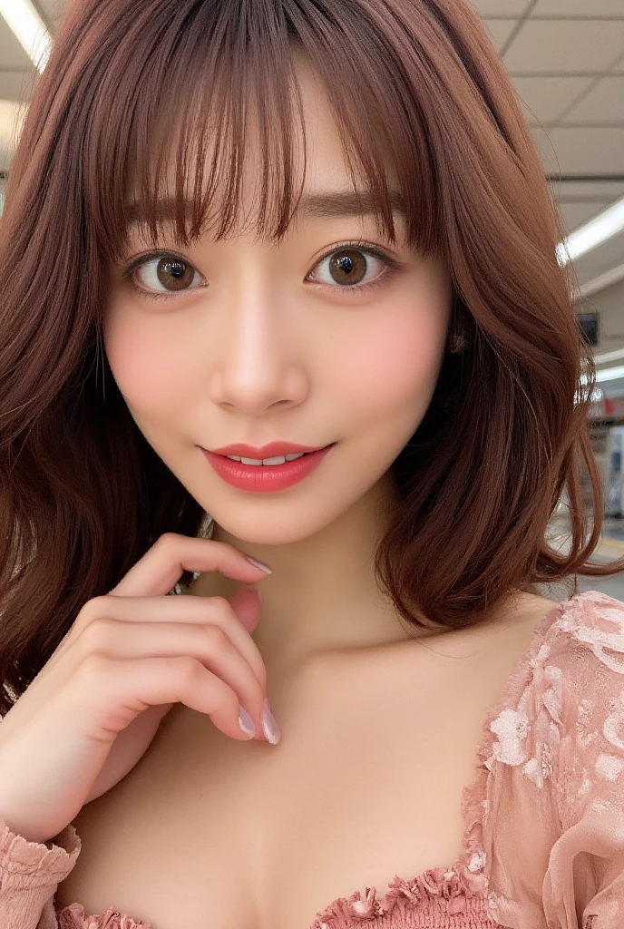 work of art, best qualityer,, ultra detali, fine-details, high resolution,1 girl, Blunt bangs, ssmile, blush, bed-in, breastsout hands, bridal gown, 、nogizaka、beautiful brown eyes:1.3、17 years old, handsome redhead, absurdrez, shining skin, jantar, red enamel, jewerly, whole body, ultra details, high qualiy, Artwork, face detailed, gorgeous eyes(detailedeyes), a face of perfect proportions