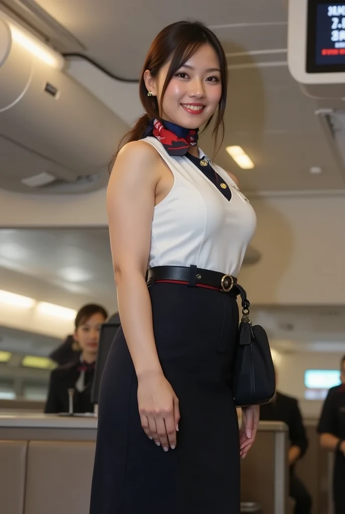 (Thai woman),(highponytail),(forehead),(Stewardess Uniform:1.5),(short skirt),((enormous breasts:1.6)),(slim waist:1.3),(smile:1.5),(in the airport:1.5), (cowboy shot:1.4),8k, UHD,