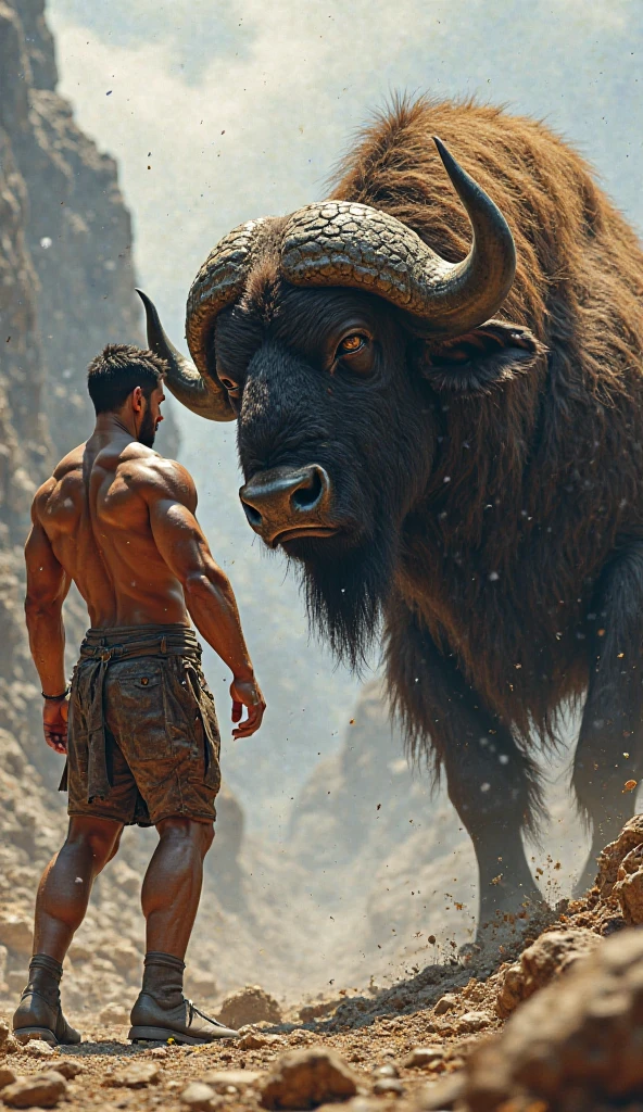 A thirty year old man fights an ordinary black goat with large horns
